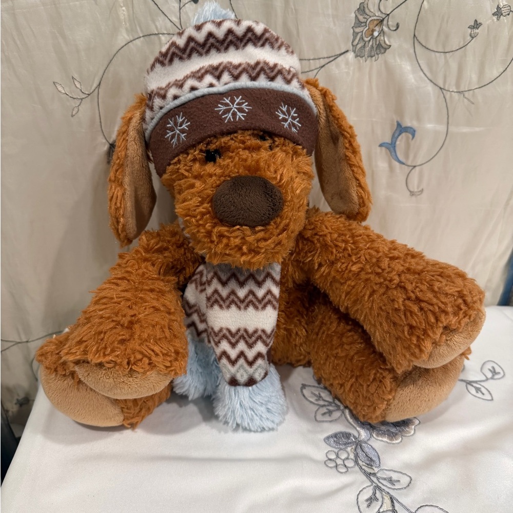 Cozy Brown Plush Dog with Winter Hat and Scarf